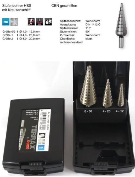 Ruko Terrax HSS Stufenbohrer Satz 3-tlg., Rosebox - 4-12 mm, 4-20 mm, 6-30 mm