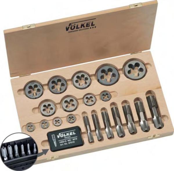 HexTap u. Schneideisen Satz M3 - M20 Völkel 48621 - 22-teilig, in Holz-Kassette