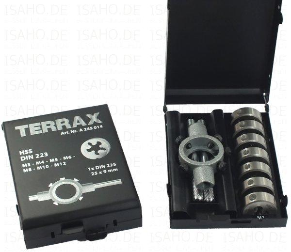 Terrax HSS Schneideisen Satz M3 bis M12 - mit Schneideisenhalter, in Kassette