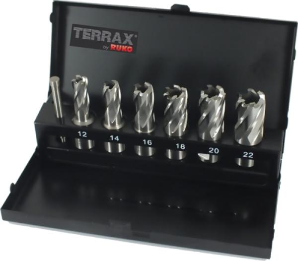 HSS Kernbohrer Satz 7-tlg 12 - 22 mm - Weldonschaft, 30mm Schnitttiefe, Terrax