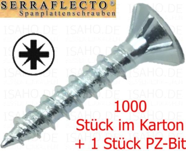 1000 St. Spanplattenschrauben 3,0 x 25 PZ zn - hell verzinkt, mit 1 Bit, Serraflecto