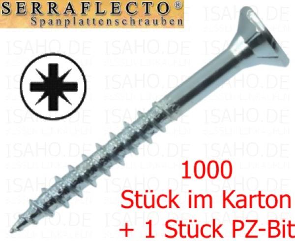 1000 St. Spanplattenschrauben 3,0 x 30 PZ zn - hell verzinkt, mit 1 Bit, Serraflecto