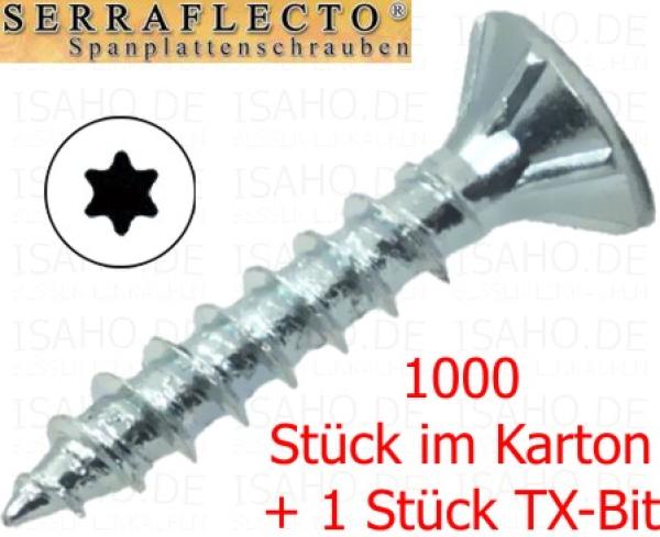 1000 St. Spanplattenschrauben 4,0 x 25 TX zn - hell verzinkt, mit 1 Bit, Serraflecto