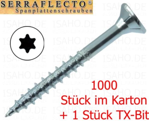 1000 St. Spanplattenschrauben 4,0 x 30 TX zn - hell verzinkt, mit 1 Bit, Serraflecto