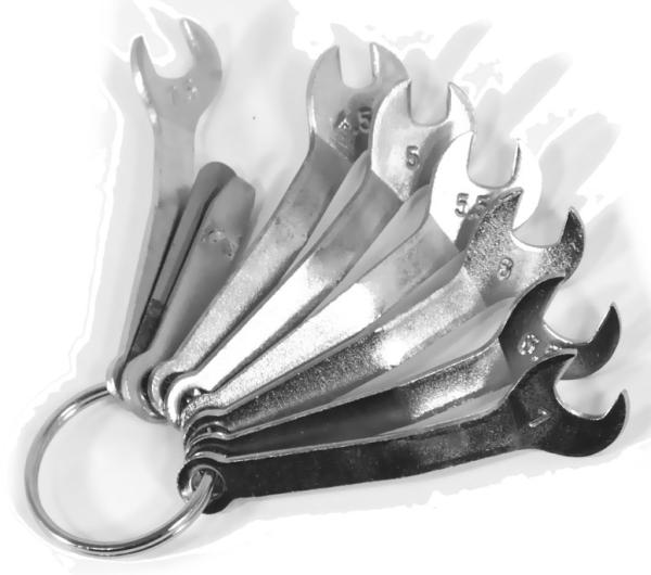 Mini Maulschlüsselsatz 9-teilig, 4,5 - 7,5 mm - mit Schraubendreher und Lehre