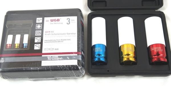 WGB Kraft Radmuttern- Steckschlüssel 17-19-21 mm - 1/2 Zoll, CrMo-Stahl, mit Schutzhülsen