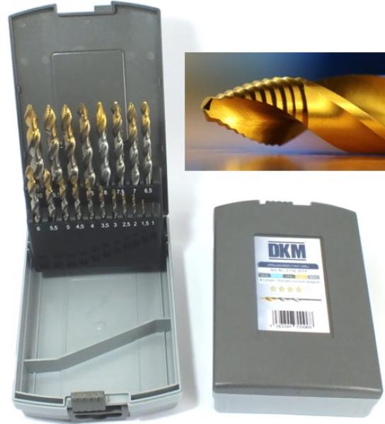 HSS-TIN Stufen-Spitzen Spiralbohrer 1-10 mm - 19-tlg., 3-Flächenschaft, DIN 338, DKM