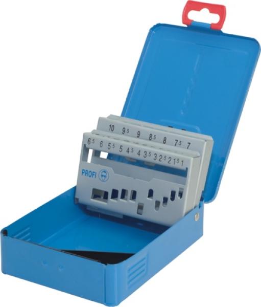 Metallbox leer für Bohrer 1-10 mm DIN 338 hellblau - 19 Leerplätze beschriftet