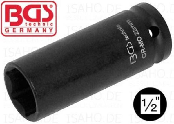 Kraft-Steckschlüssel 24 mm auf 1/2 Zoll extra tief - sechskant, Cr-Mo Stahl, BGS
