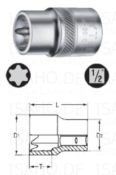 TX E12 Steckschlüssel auf 1/2 Zoll - Chrom-Vanadium verchromt, von Heytec