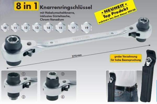8 in 1 Knarren Ringschlüssel 10-19 mm - in Gürteltasche, verchromt, von Heytec