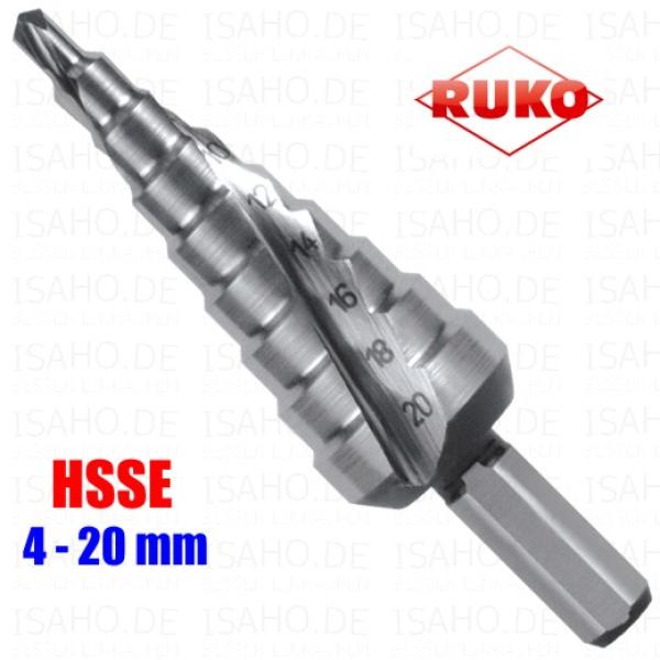 Ruko HSSE Co5 Stufenbohrer 4 - 20 mm spiralgenutet - 9 Stufen, CBN- und Kreuzanschliff, Gr. 1