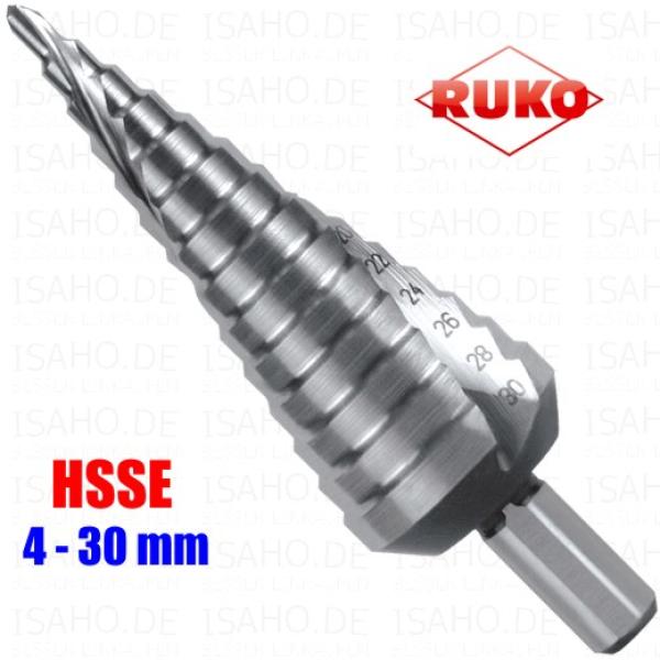 Ruko HSSE Co5 Stufenbohrer 4 - 30 mm spiralgenutet - 14 Stufen, CBN- u. Kreuzanschliff, Gr. 2