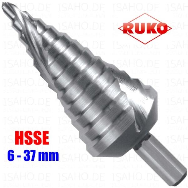 Ruko HSSE Co5 Stufenbohrer 6 - 37 mm spiralgenutet - 12 Stufen, CBN- u. Kreuzanschliff, Gr. 9