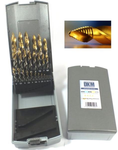 HSS-TIN Stufen-Spitzen Spiralbohrer 1-13 mm - 25-tlg., 3-Flächenschaft, DIN 338, DKM