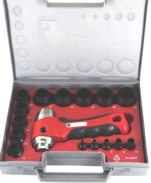 Rund-Lochpfeifen Satz 16-teilig 3 - 30 mm - in Kassette, Wechsellocheisen mit Halter