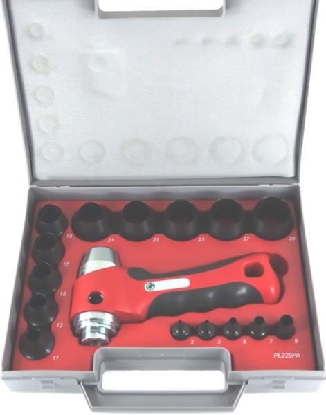 Rund-Lochpfeifen Satz 16-teilig 2 - 29 mm - in Kassette, Wechsellocheisen mit Halter